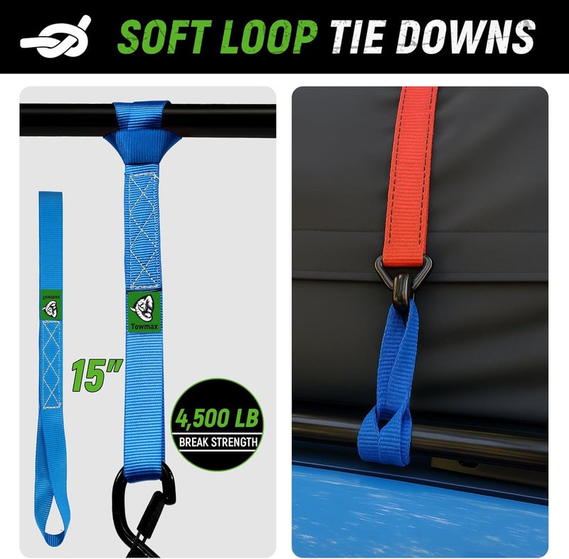 Tow-max Retractable Ratchet Straps(4 Pack) - 1in x 10ft Self Retracting Ratchet Straps with Soft Loops, 1,500 lbs Break Strength Retractable Tie Down Straps, Easy Retract for Motorcyle, Cargo, Truck, Trailer - Image 5